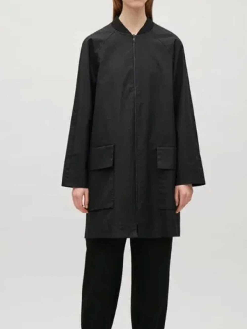 COS Black Long Bomber Style Coat with Ribbed Neckline